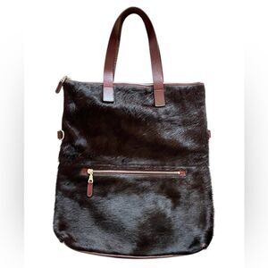 Kate Sheridan Leather Calf Hair Top Zip Large Tote Bag Burgundy Black